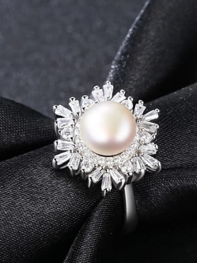 White 10A10 925 Sterling Silver Freshwater Pearl  Flower Trend Band Ring