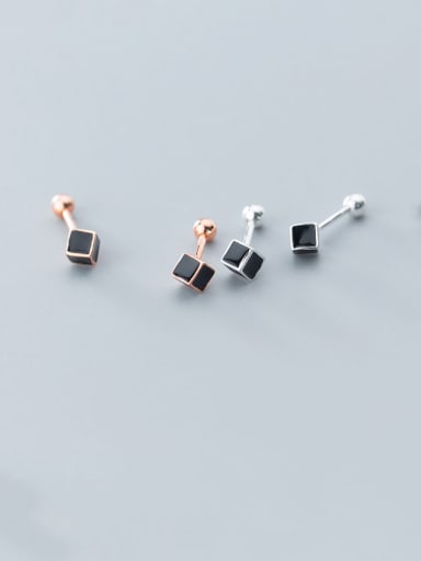 925 Sterling Silver  With Platinum Plated  Minimalist  Black  Square Stud Earrings