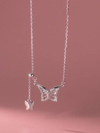 Silver 925 Sterling Silver Cubic Zirconia Hollow Butterfly Dainty Necklace