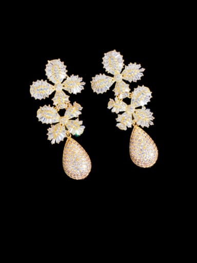 Golden Brass Cubic Zirconia Flower Luxury Cluster Earring