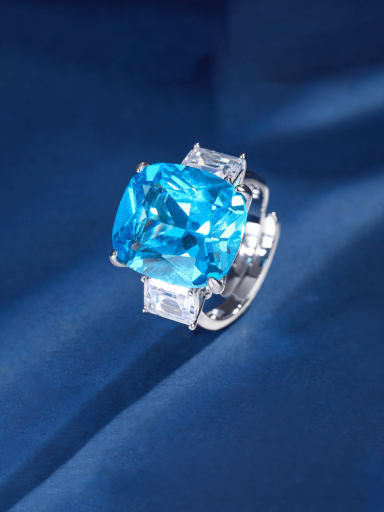 Sea Blue Treasure Ring Brass Cubic Zirconia Square Luxury Cocktail Ring