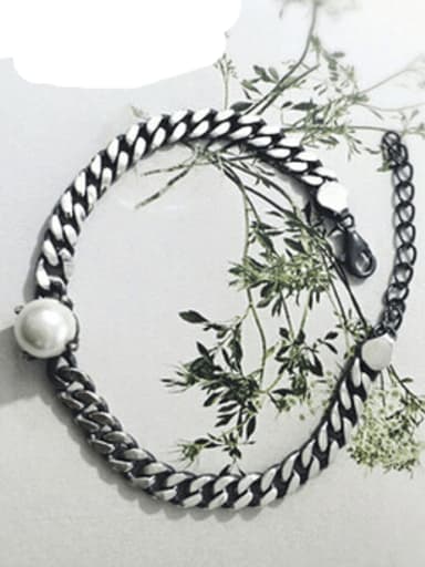 925 Sterling Silver Imitation Pearl Geometric Vintage Link Bracelet