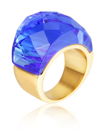 Gold Color, Blue Titanium Steel Glass Stone Geometric Ring with waterproof