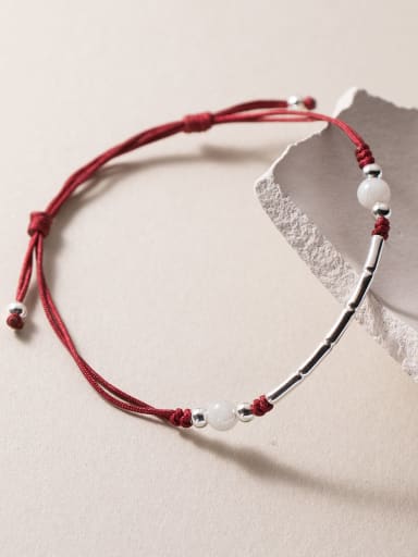 Bracelet Dark Red Jade Bead Style 925 Sterling Silver Geometric Minimalist Handmade Weave Bracelet