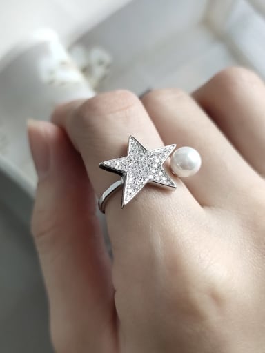 925 Sterling Silver  Minimalist Pentagram  Imitation Pearl Free Size Ring