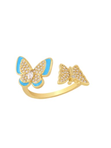 blue Brass Enamel Cubic Zirconia Butterfly Hip Hop Band Ring
