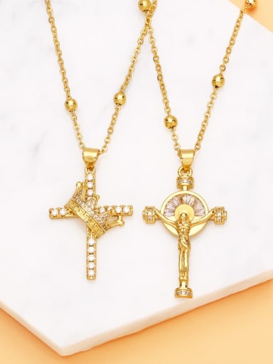 Brass Cubic Zirconia Crown Cross Vintage Regligious Necklace