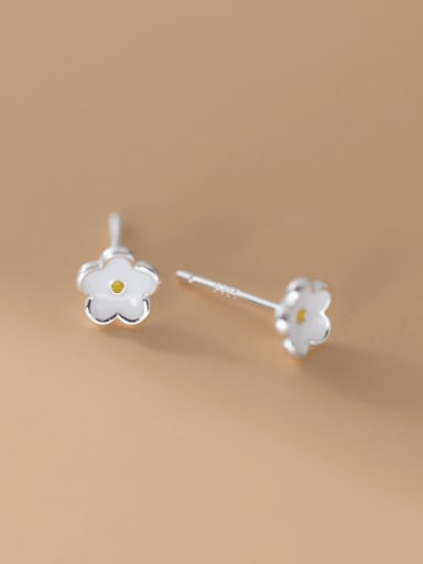 Unthreaded Style 925 Sterling Silver Enamel Flower Trend Stud Earring
