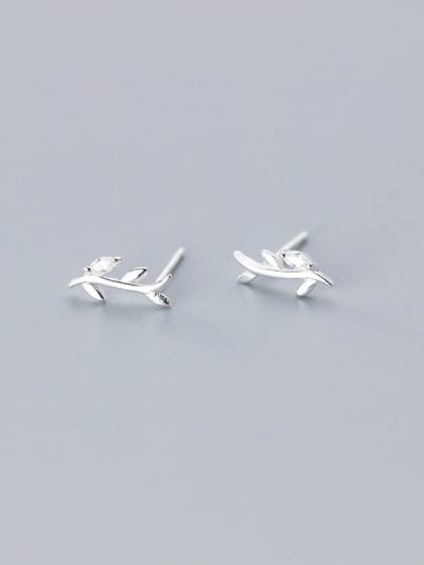 925 Sterling Silver With Platinum Plated Smooth Cute Leaf Stud Earrings