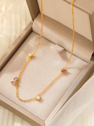 NS1060 [Golden Purple Stone] 925 Sterling Silver Cubic Zirconia Geometric Dainty Necklace