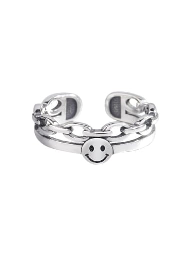 925 Sterling Silver  Retro smiley geometric double chain Midi Ring
