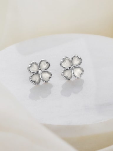 ES1996 Large Platinum 925 Sterling Silver Cats Eye Clover Minimalist Stud Earring