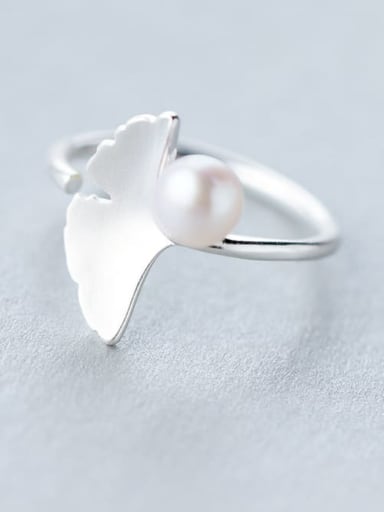 925 Sterling Silver Imitation Pearl Minimalist Ginkgo leaves Free Size Ring