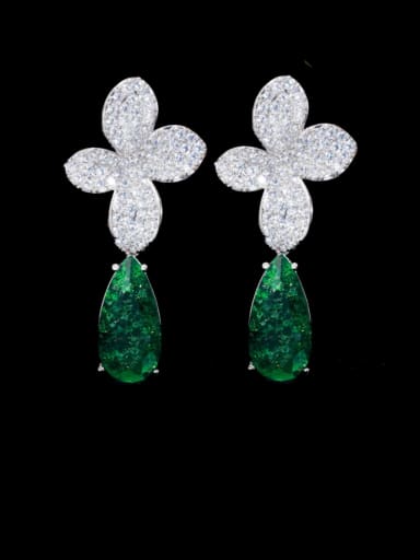 Platinum green Brass Cubic Zirconia Flower Statement Drop Earring