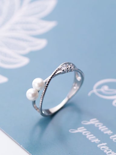 925 sterling silver imitation pearl  cross minimalist free size ring