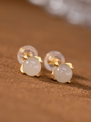 White jade (a pair) 925 Sterling Silver Jade Cute Round Ball  Stud Earring