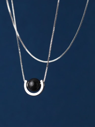 925 Sterling Silver Obsidian U Shape Geometric Minimalist Necklace