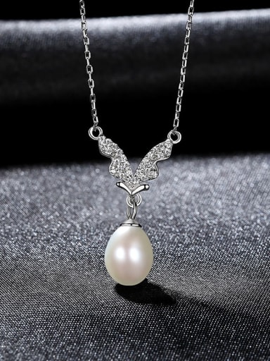 White 7a01 925 Sterling Silver Imitation Pearl Butterfly Minimalist Necklace