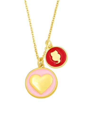 pink +red Brass Enamel Heart Minimalist Round Penadnt Necklace