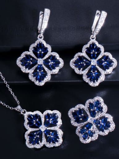 Brass Cubic Zirconia Luxury Flower  Earring Ring and Necklace Set