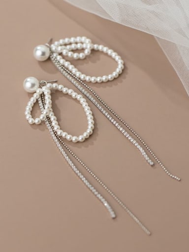 Silver 925 Sterling Silver Imitation Pearl Bowknot Tassel Minimalist Drop Earring