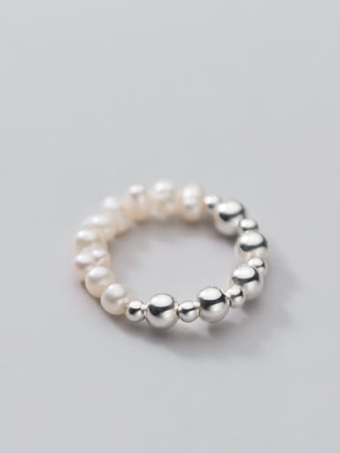 925 Sterling Silver Imitation Pearl Round Minimalist Band Ring
