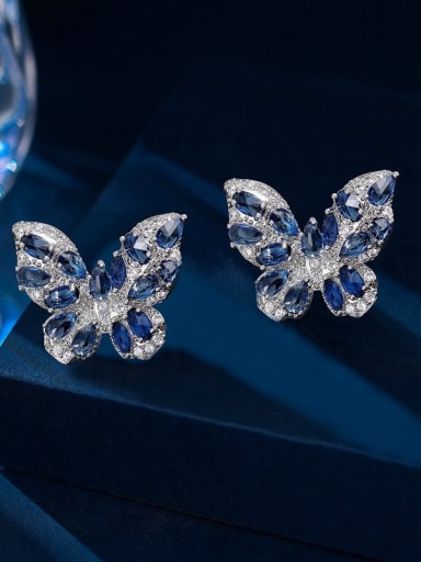 platinum+  Blue Brass Cubic Zirconia Multi Color Butterfly Luxury Cluster Earring