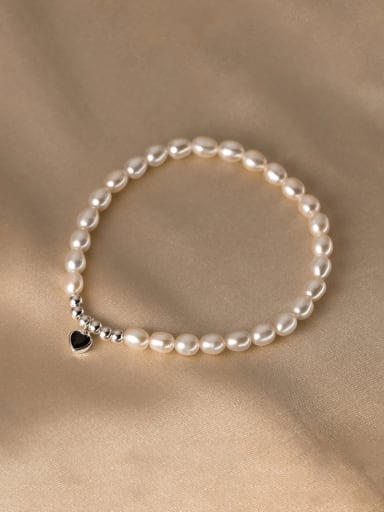 Black 925 Sterling Silver Imitation Pearl Heart Minimalist Stretch Bracelet