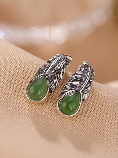925 Sterling Silver Jade Leaf Vintage Drop Earring