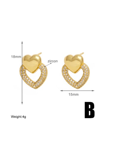 B Gold Brass Cubic Zirconia Heart Hip Hop Drop Earring