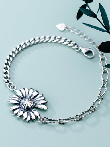 925 Sterling Silver Rhinestone White Flower Vintage Link Bracelet