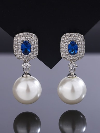 Blue Spinal Crystal Pearl Earrings Brass Imitation Pearl Luxury Geometric  Earring and Necklace Set