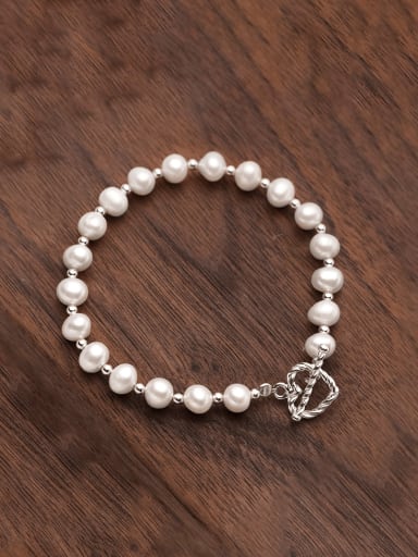925 Sterling Silver Imitation Pearl Heart Minimalist Handmade Beaded Bracelet