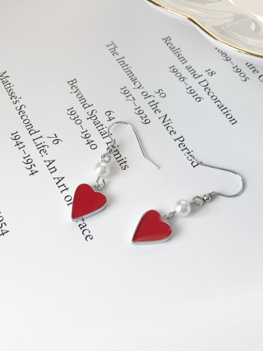 925 Sterling Silver Red Enamel Heart Minimalist Hook Earring