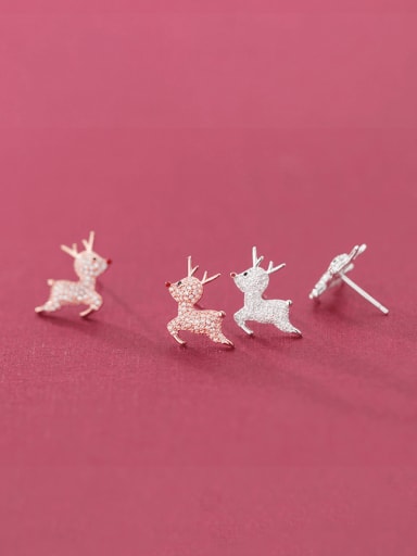 925 Sterling Silver Rhinestone Deer Cute Christmas Stud Earring