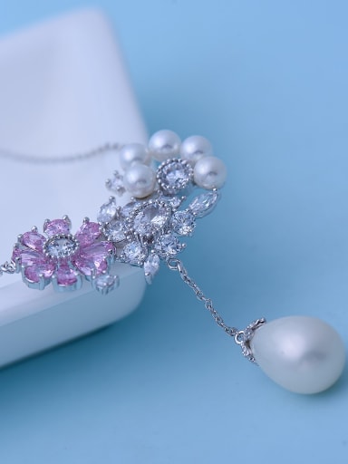 Pink platinum t10h04 Copper Imitation Pearl White Enamel Flower Cute Necklace