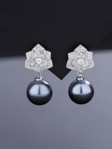 Grey bead earrings Brass Cubic Zirconia Flower Luxury Drop Earring