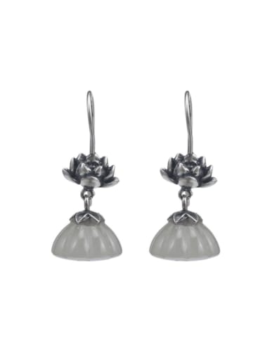 925 Sterling Silver Jade Flower Vintage Drop Earring