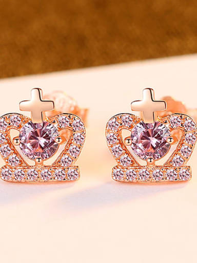 Rose gold 24g03 925 Sterling Silver Cubic Zirconia Purple Crown Cute Stud Earring