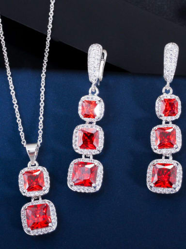 gules Brass Cubic Zirconia Luxury Geometric  Earring and Necklace Set
