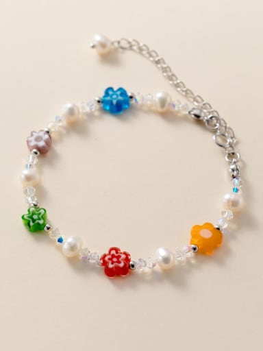 925 Sterling Silver Imitation Pearl Flower Cute Handmade Beaded Bracelet