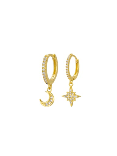 Golden Starry Moon Earrings 925 Sterling Silver Cubic Zirconia Asymmetrical Star Moon Trend Huggie Earring