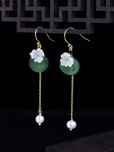 925 Sterling Silver Shell Lampwork Stone Long Pearl Shell Colored Glass Petal Earrings