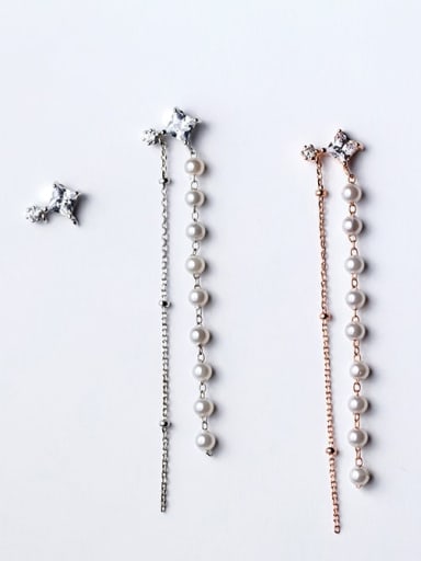 925 Sterling Silver  Diamond square asymmetric shell beads Threader Earring