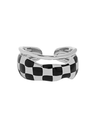 White gold [black glue dropping] 925 Sterling Silver Enamel Geometric Vintage Stackable Ring