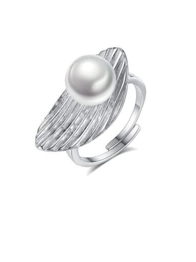 925 Sterling Silver Freshwater Pearl White Leaf Trend Band Ring