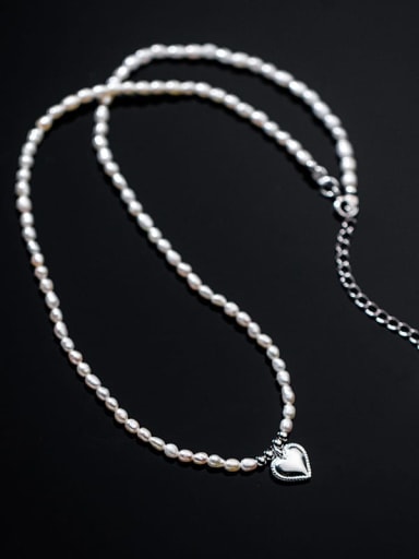 925 Sterling Silver Imitation Pearl Heart Minimalist Necklace