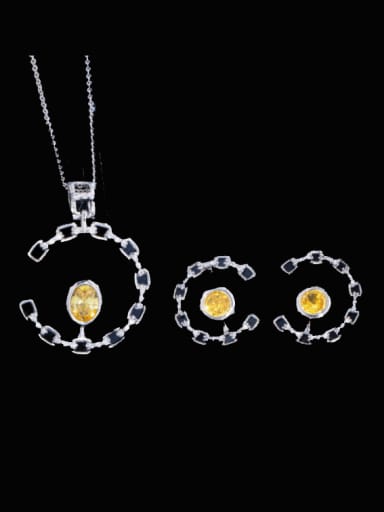 yellow Brass Cubic Zirconia Luxury Oval Earring and Necklace Set
