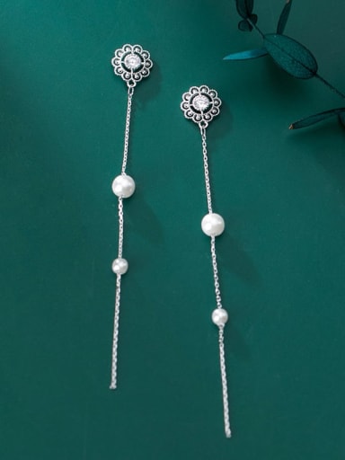 925 Sterling Silver Imitation Pearl White Flower Vintage Threader Earring