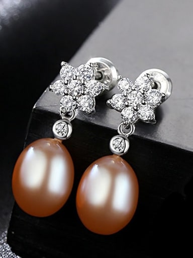Pink 1A08 925 Sterling Silver Freshwater Pearl  Artificial zircon Flowers earrings